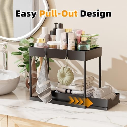 3 Pack Under Sink Organizer, Pull-Out Cabinet Organizer Drawer, 2 Tier Multi-Purpose Slide Out Storage Shelf for Kitchen Bathroom, Black