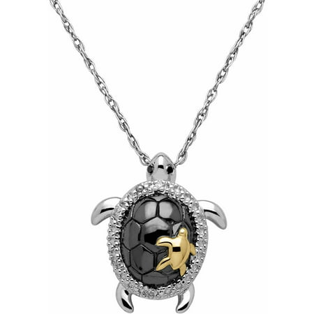 Petite Expressions Turtle Pendant with Black and White Diamond Accent in 18kt Yellow Gold over Sterling Silver, 18