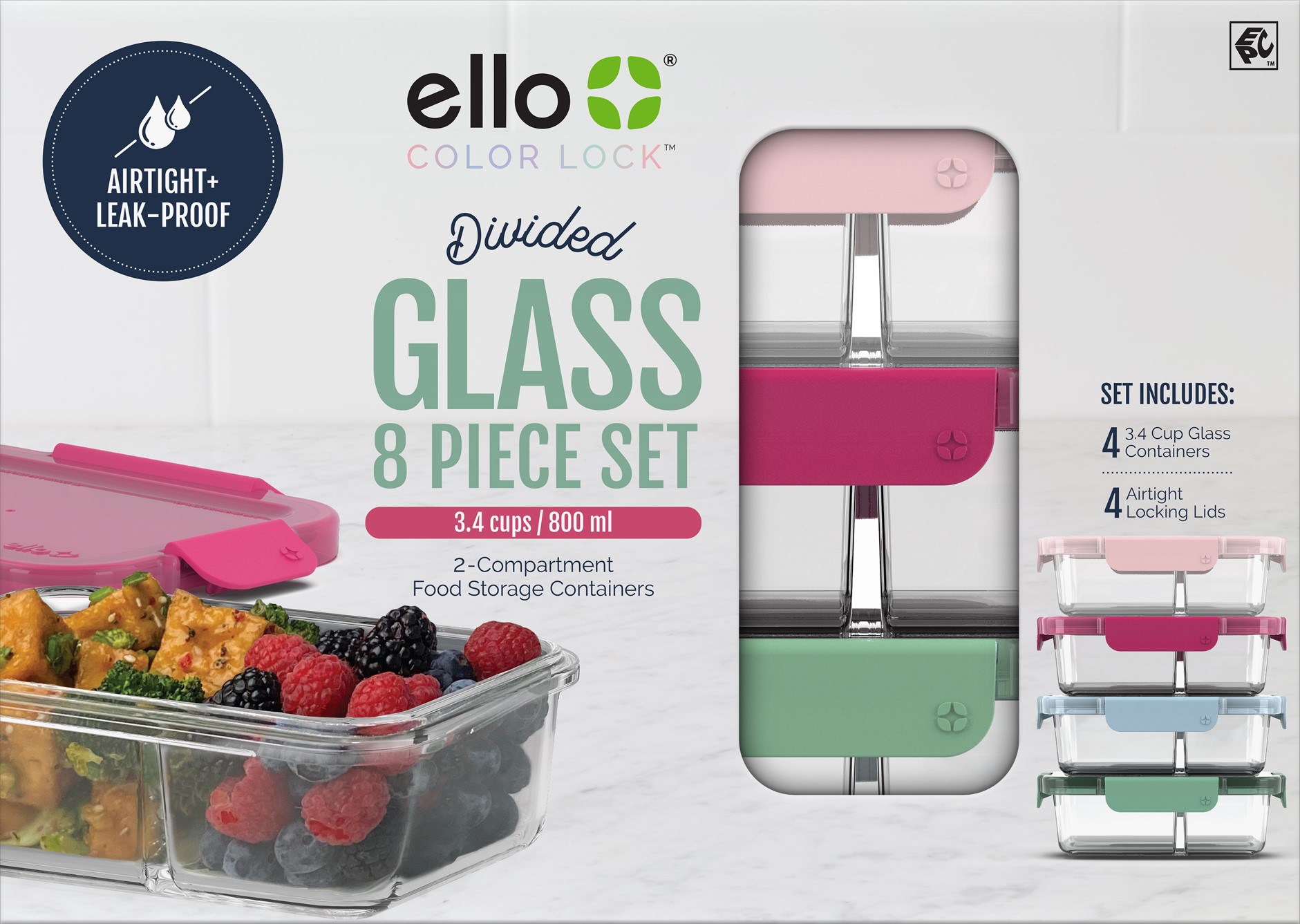 Ello Color Lock 8-Piece Glass Meal Prep Container Set photo 8