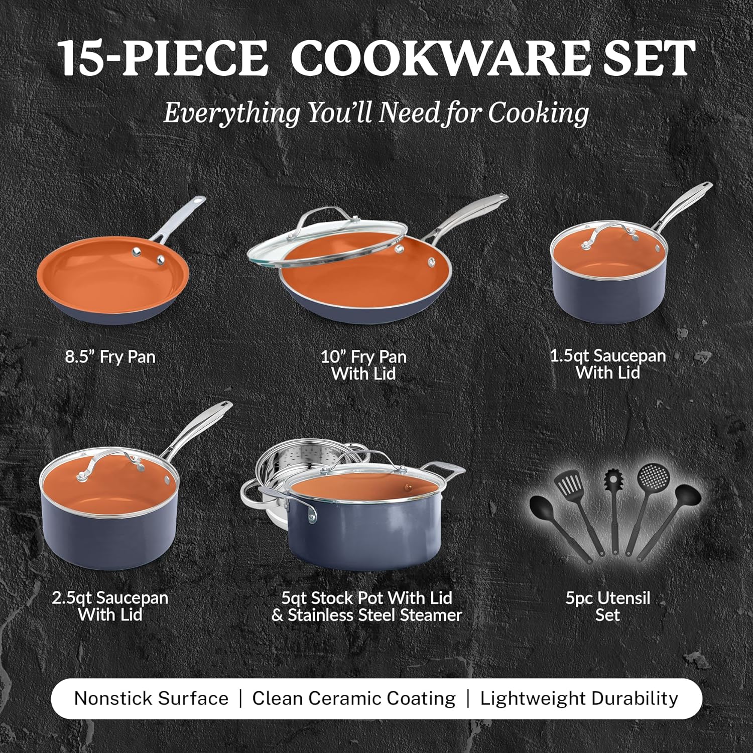 Gotham Steel 15 Pc Ceramic Pots and Pans Set Non Stick, Copper Cookeware Set with Utensils, Pot and Pan Set Nonstick, Induction Compatible with Stay Cool Handles, Copper