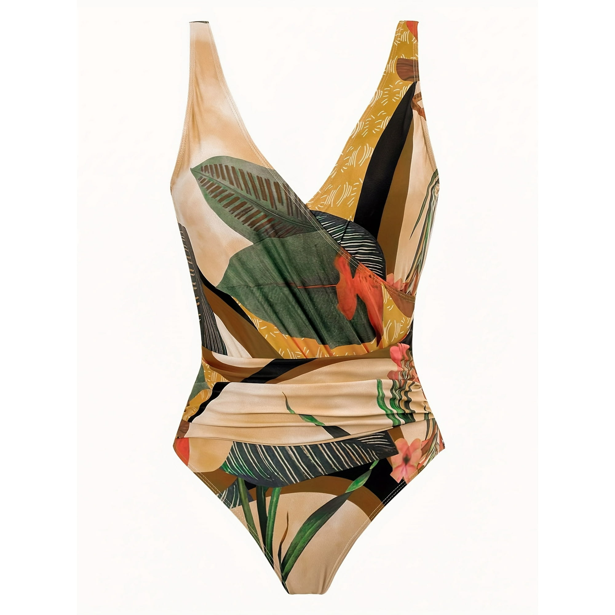 BERANMEY Women's Tropical Print One Piece Swimsuit with Cover up Beach Skirt Sarong Two Piece Floral Printed V Neck Tummy Control High Cut Monokini Swimsuit Bathing Suit Women's Swimwear & Clothing