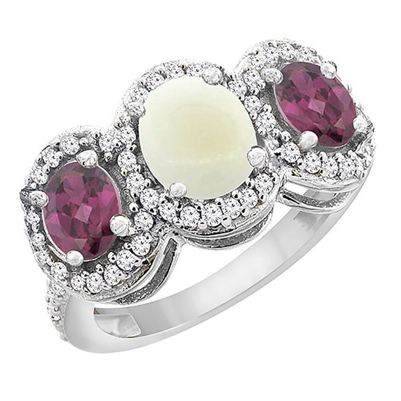 10K White Gold Natural Opal & Rhodolite 3-Stone Ring Oval Diamond Accent, size 10