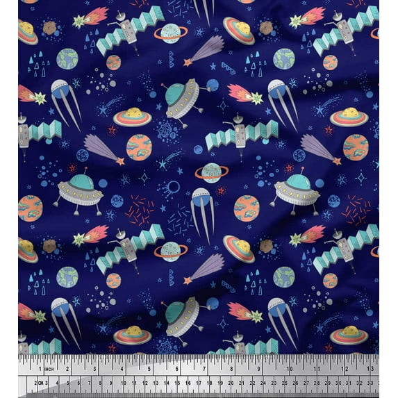 Soimoi Blue Rayon Crepe Fabric Satellite & Planet Galaxy Print Fabric by Yard 46 Inch Wide