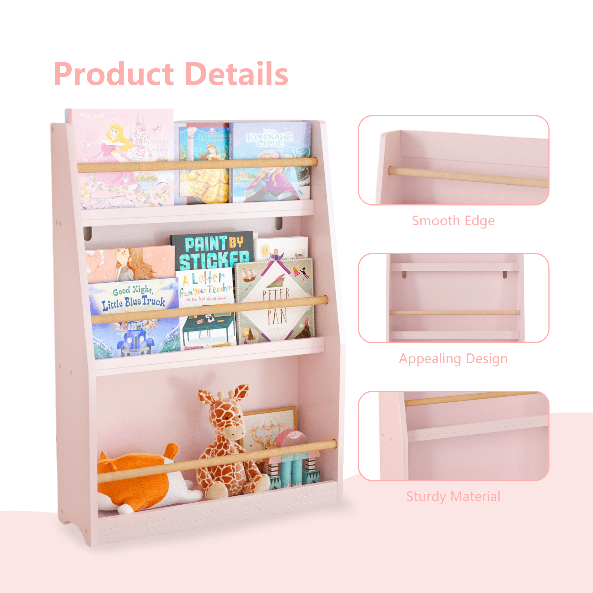 Miniyam 3-Tier Wooden Bookshelf with Toy Storage for Kid, Pink