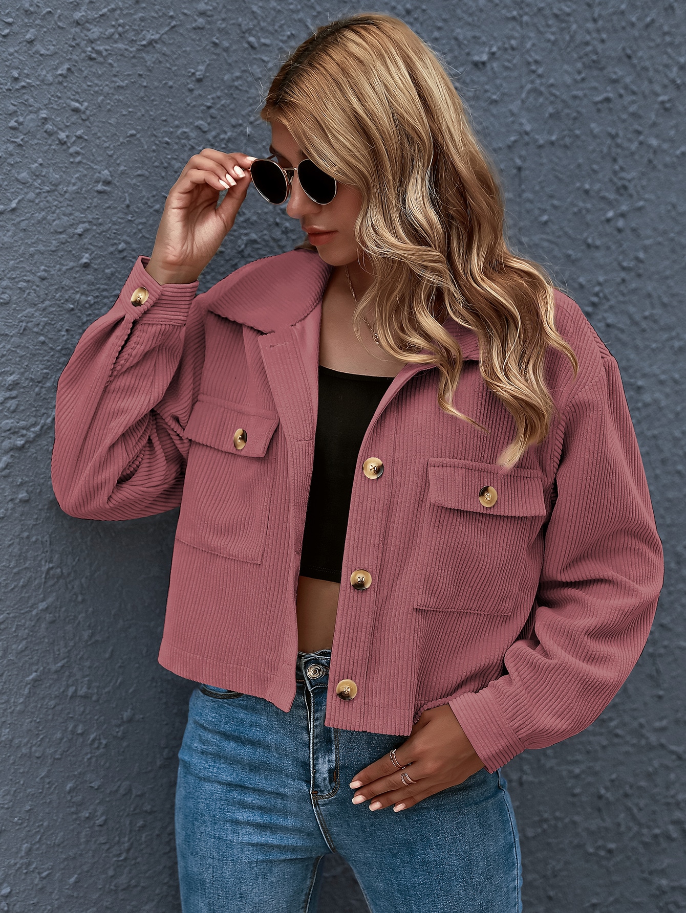 button front patch pocket crop jacket