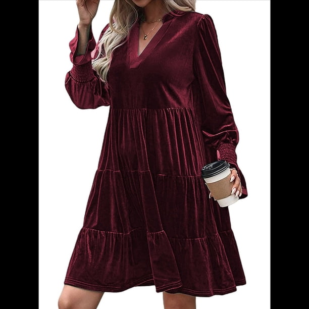 Vestido Babydoll Elegante de Terciopelo para Mujer, de Larga, Informal, con Escote en V, Corte A, Fluido, Formal, para Fiesta de Boda. Rojo Vino XL
