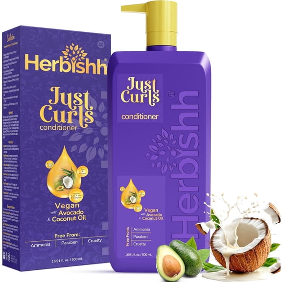 Herbishh Just Curls Vegan Conditioner for Curly Hair Products Kit Enriched with Avocado & Coconut Oil for Dry Damaged, Wavy, Curly Hair Gift set for Women & Men (500 ml)