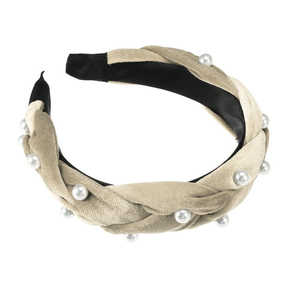 Unique Bargains 1 Pc Braided Faux Pearl flannelette Headband Headwear Hairband for Women 1.2 Inch Wide Beige