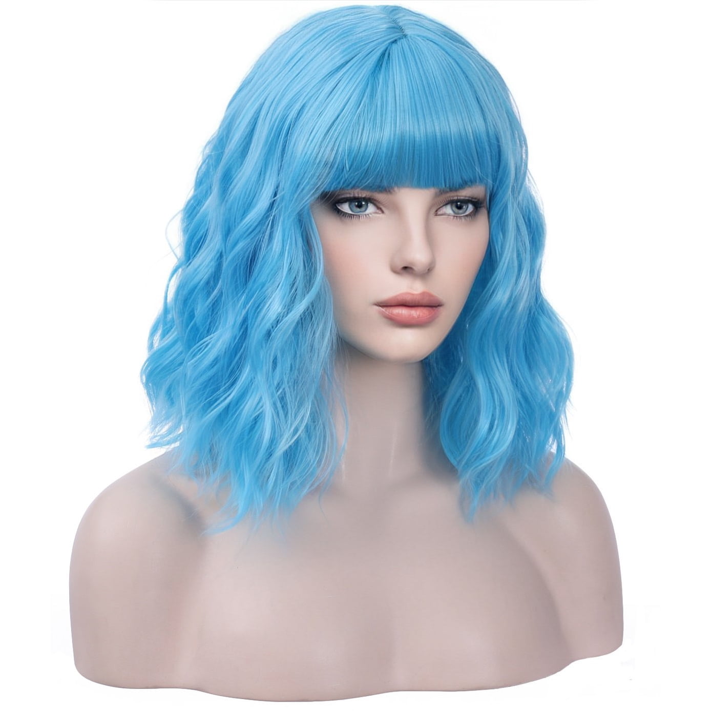 BERON Sky Blue Short Curly Bob Wig for Women Natural Looking Synthetic Heat Resistant Fiber Wig for Daily Use Wig Cap Included