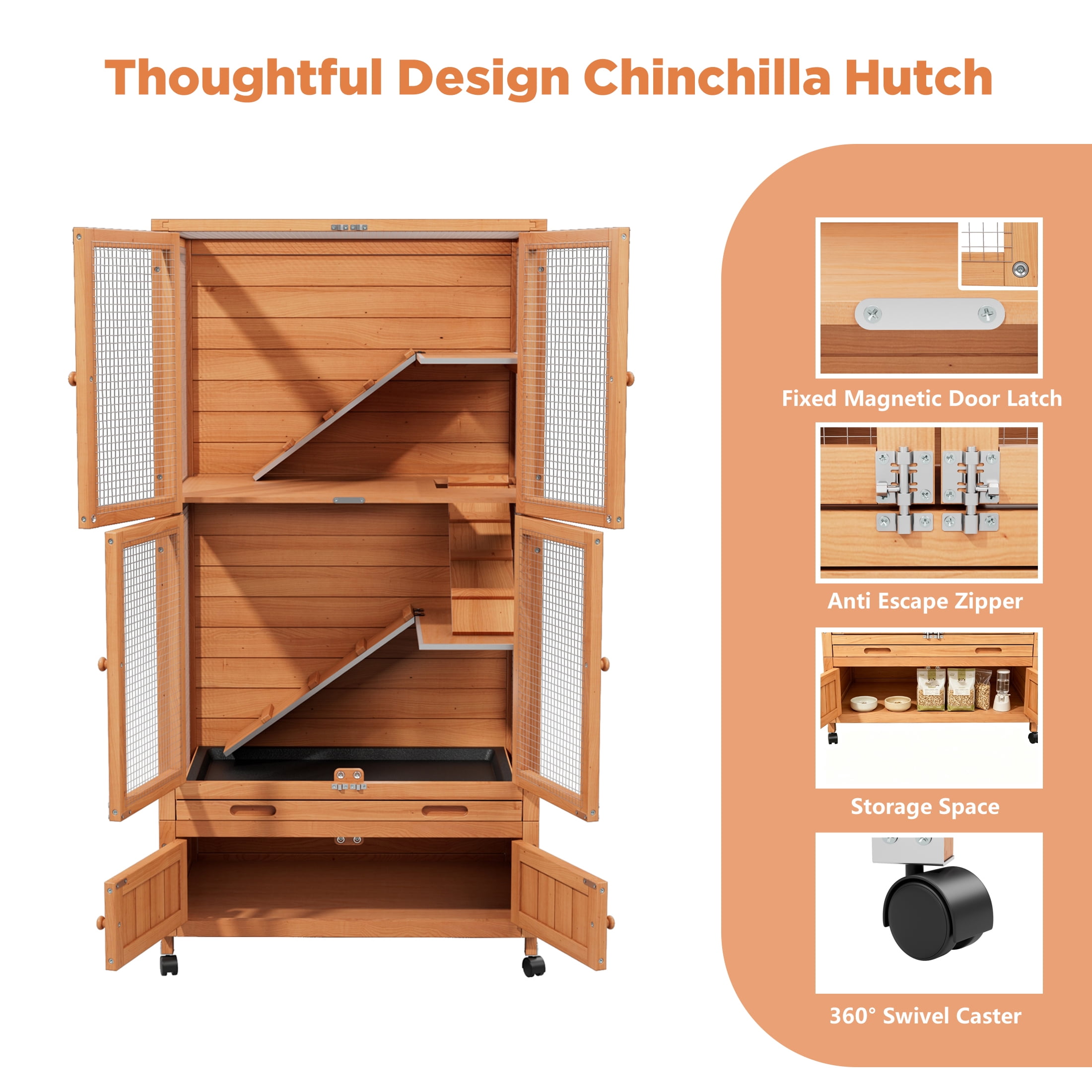 Multi-Level Chinchilla Cage Chew-Proof Indoor Ventilated Wood Small Animal Hutch with Wheels Storage Cabinet,Orange