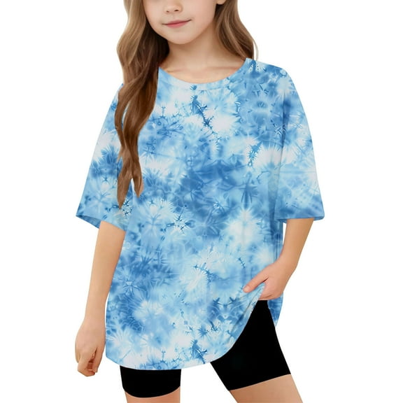 Frwgonr Girls Short Sleeve T-Shirts Soft Tie-Dye Tees Kids Tshirts Clothes Summer Tops T-Shirt Blue, Size 5-15 Years
