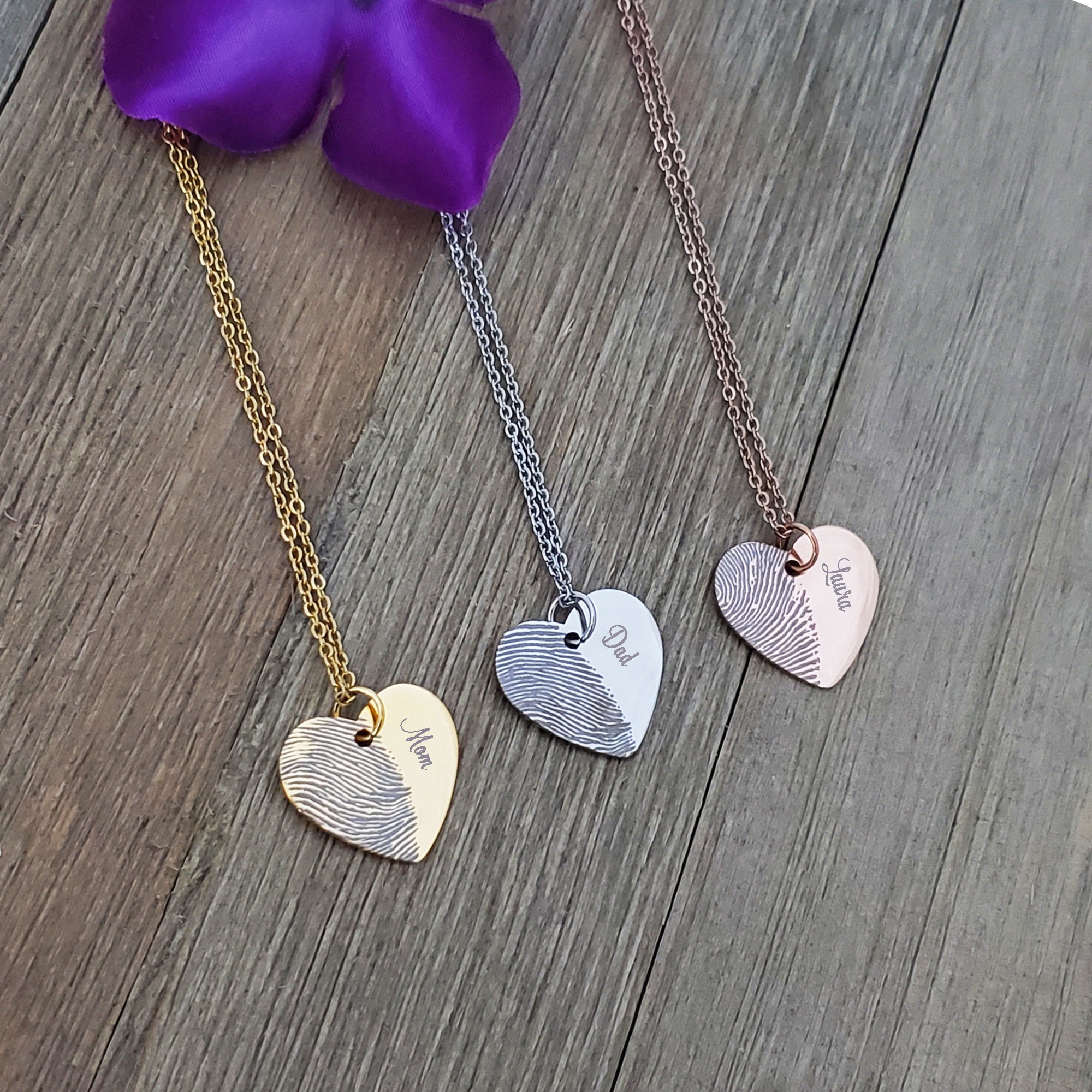 Personalized Half Heart Fingerprint Necklace Memorial Keepsake Stainless Steel Engraved Actual Thumb Print Jewelry Engraving with Gift Box [Gold]