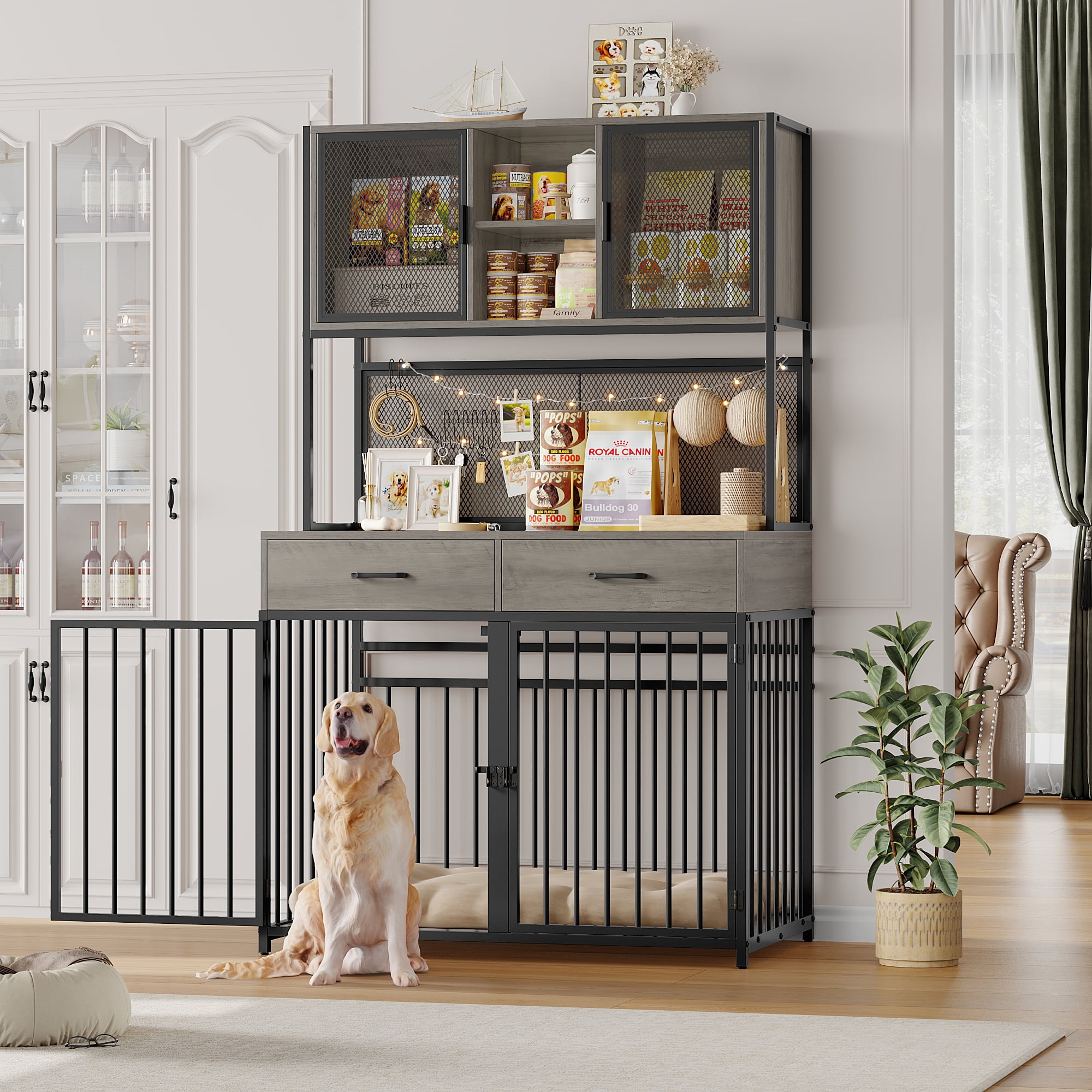 Hiphuta 71" Tall Dog Crates Furniture, Indoor Dogs Kennel Furniture with Hutch, 42"W Dog Cage Furniture for Large/Medium Dogs, Decorative Sturdy Pet House, Ash Gray