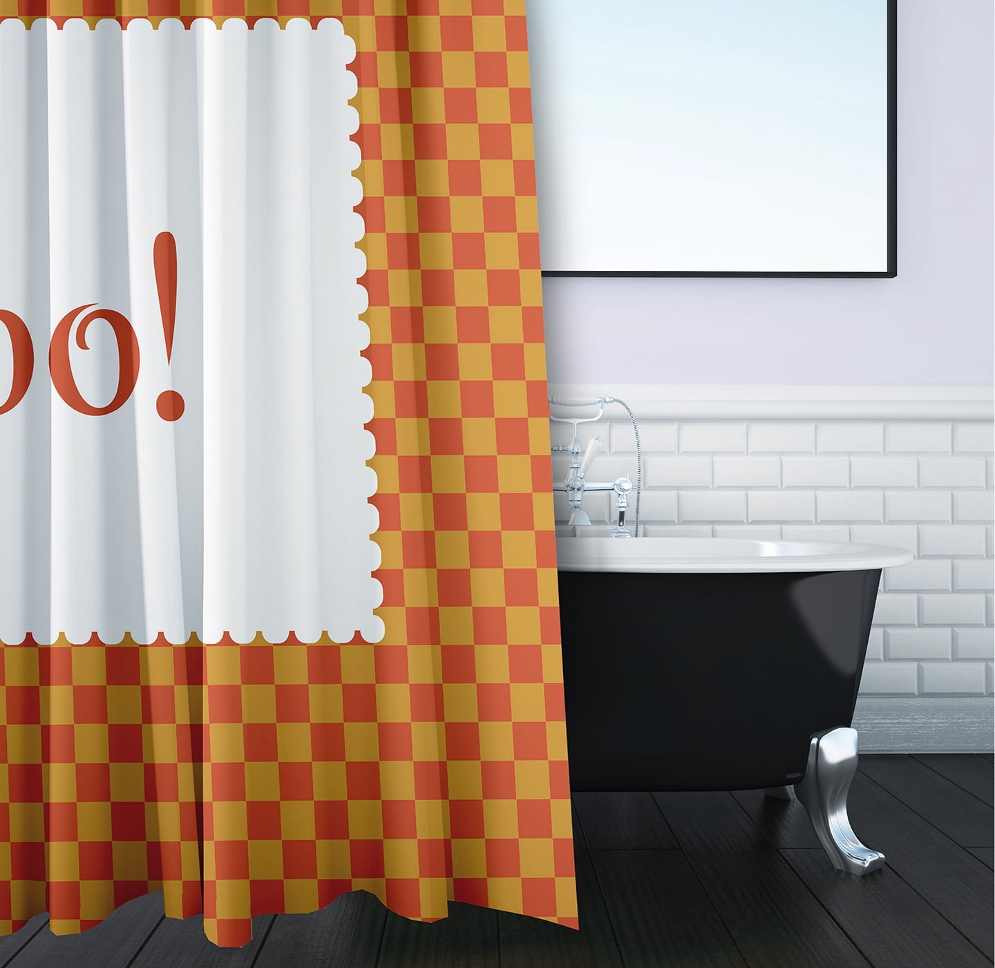 Simply Daisy 70" W x 73" L Halloween Boo Checks Polyester Shower Curtain, Rust [1 Ct]