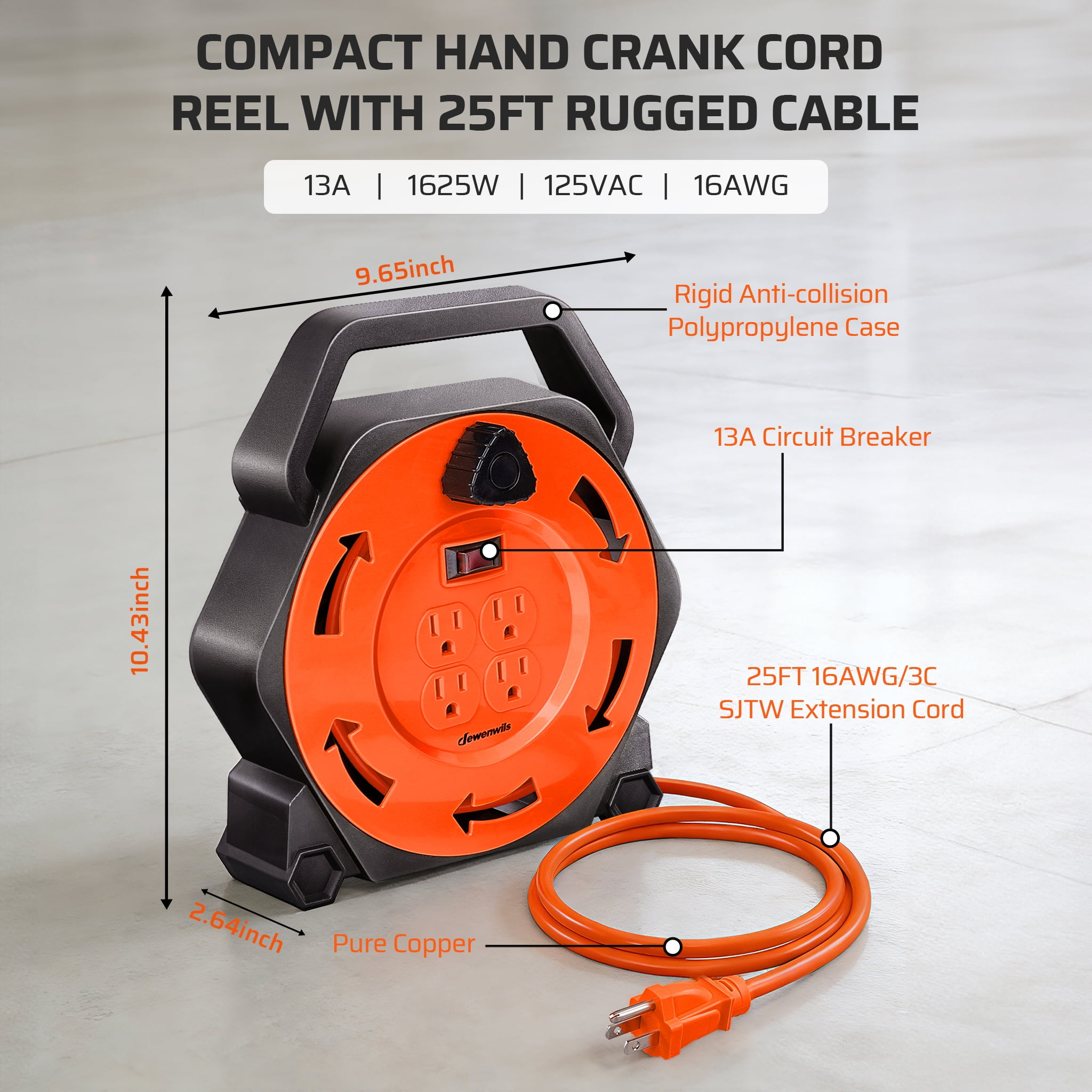 DEWENWILS 25ft Heavy-Duty Cord Reel 13A 125V 16AWG SJTW Orange Reel with On/Off Switch & Circuit Breaker