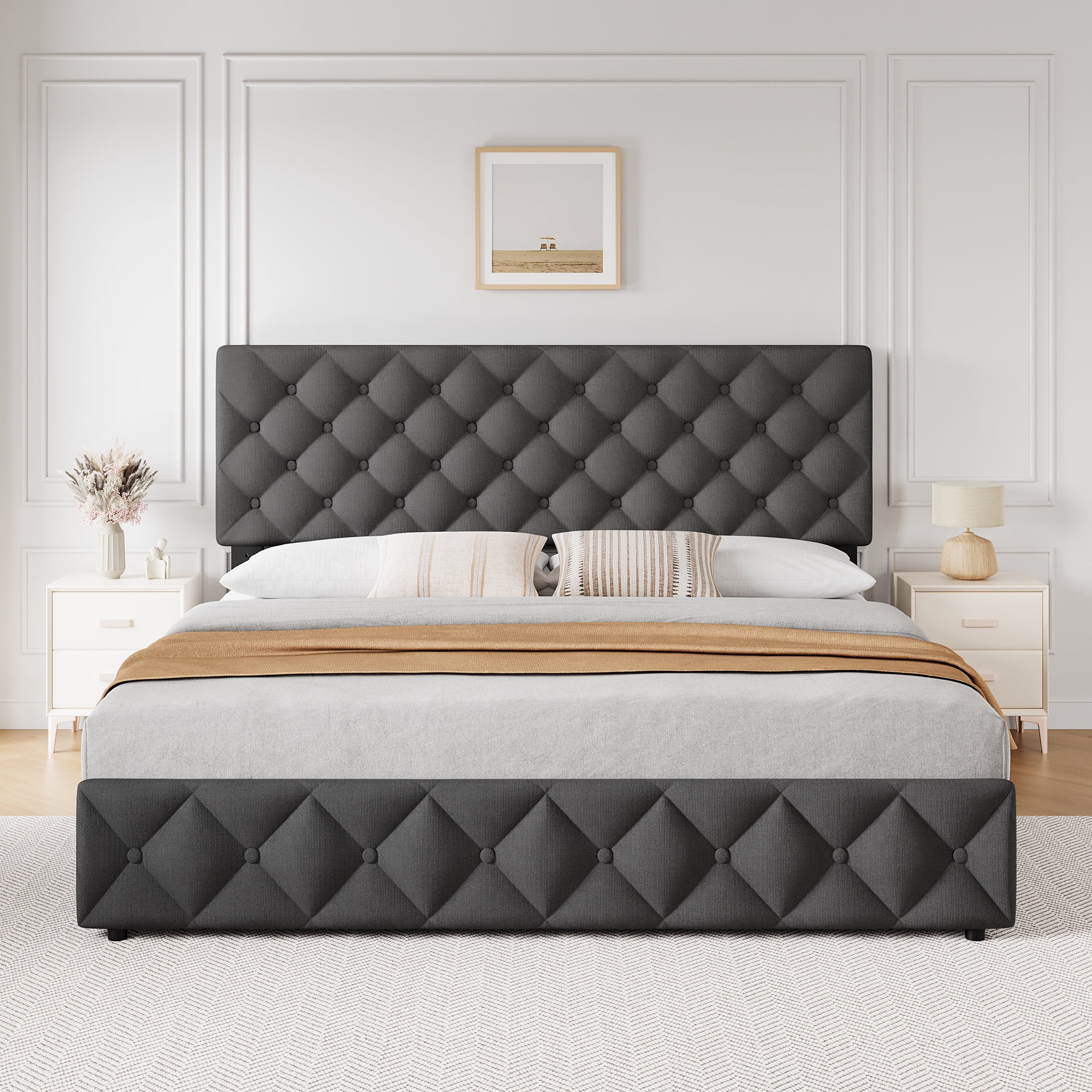 Queen Bed Frame with Headboard Adjustable, Linen Upholstered Size Platform Bed Frame with 4 Drawers, Modern Queen Bedframe, Wooden Slats Supports, No Box Spring Needed, Diamond Stitched Button, Beige