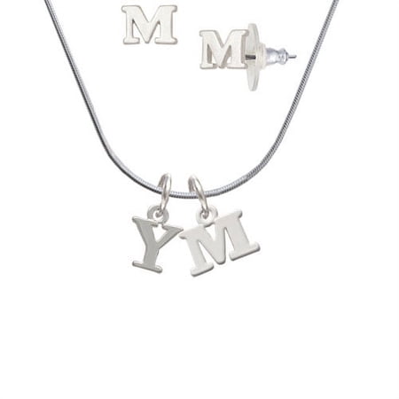 Small Greek Letter – Upsilon – – M Initial Charm Necklace and Stud Earrings Jewelry Set