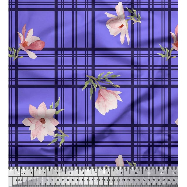 Soimoi Purple polyester Crepe Fabric Check & Magnolia Floral Printed Fabric 1 Yard 52 Inch Wide