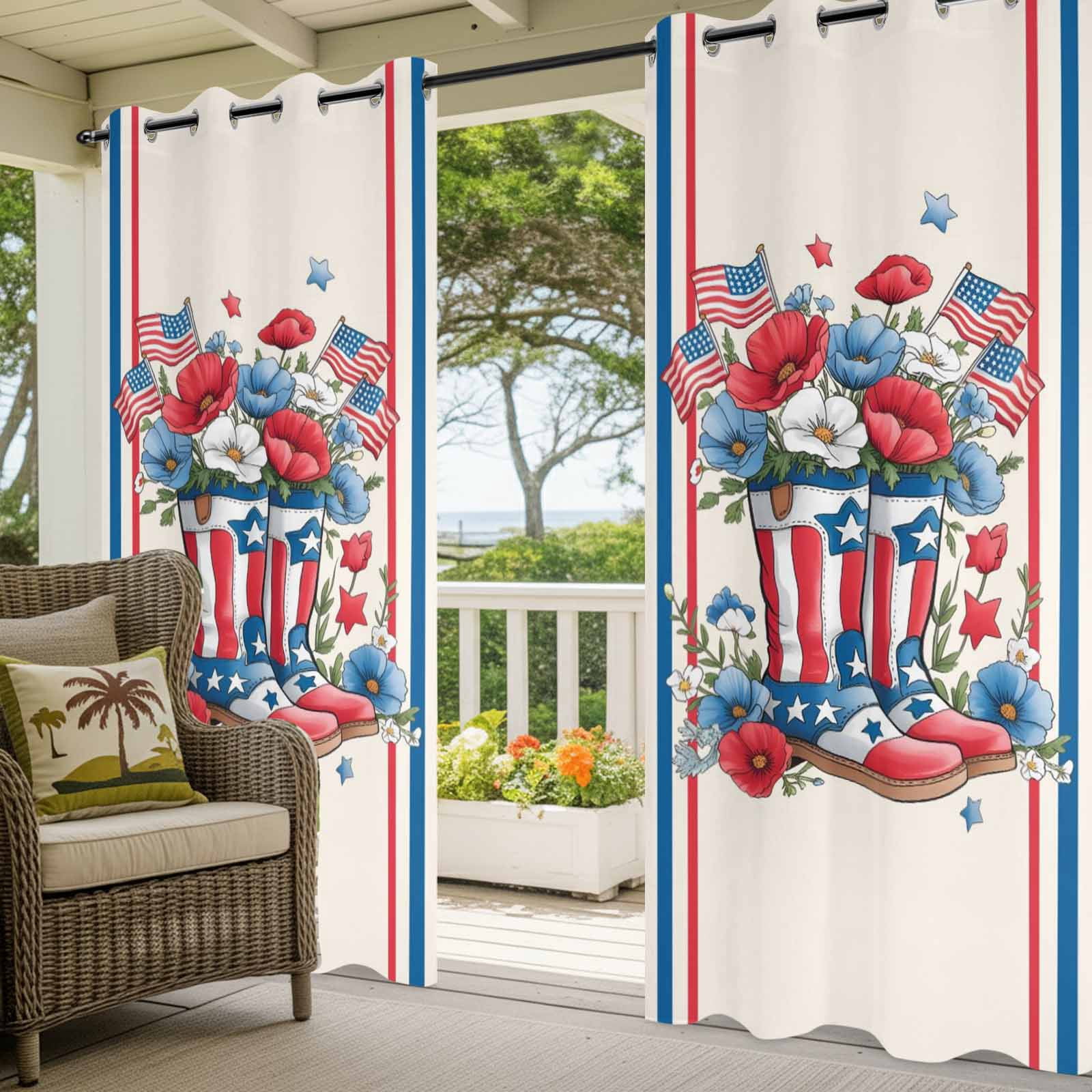 Independence Day Outdoor Curtains for Patio, U.S. Flag Themed Cartoon Boots Flowers Stripes Sunshade Privacy Drapes Grommet Waterproof Outside Curtains for Porch/Cabana/Balcony 54"x 108", 1 Panel