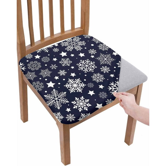 Navy Blue Christmas Snowflakes Chair Seat Covers for Dining Room Stretch Chair Seat Covers Set of 4, Xmas Winter Modern Chair Seat Protector Cushion Slipcovers for Kitchen Restaurant Office