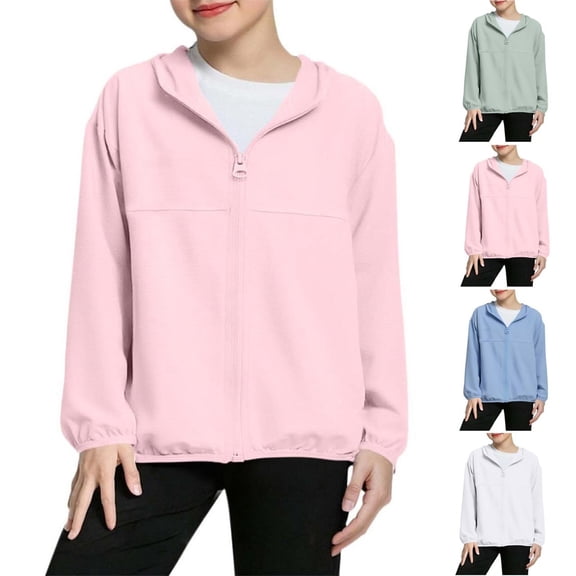 Vibrex Summer Solid Color Casual Mesh Sun Protection Jacket For Boys And Girls Thin Jacket Long-Sleeved Hooded Top Suitable For Travel, Vacation, Summer Outdoor Activities_Pink_4-5 Years