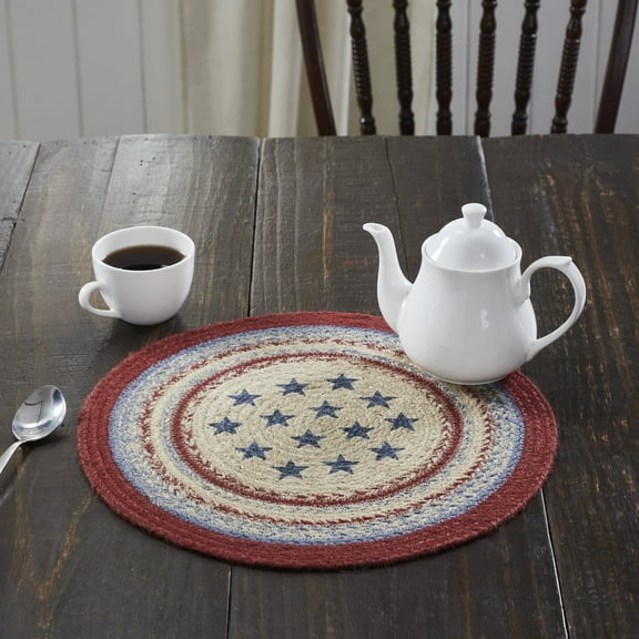 VHC Brands Celebration Table Mat- Pot Holder- Woven Jute Trivet, Americana, 15" Round