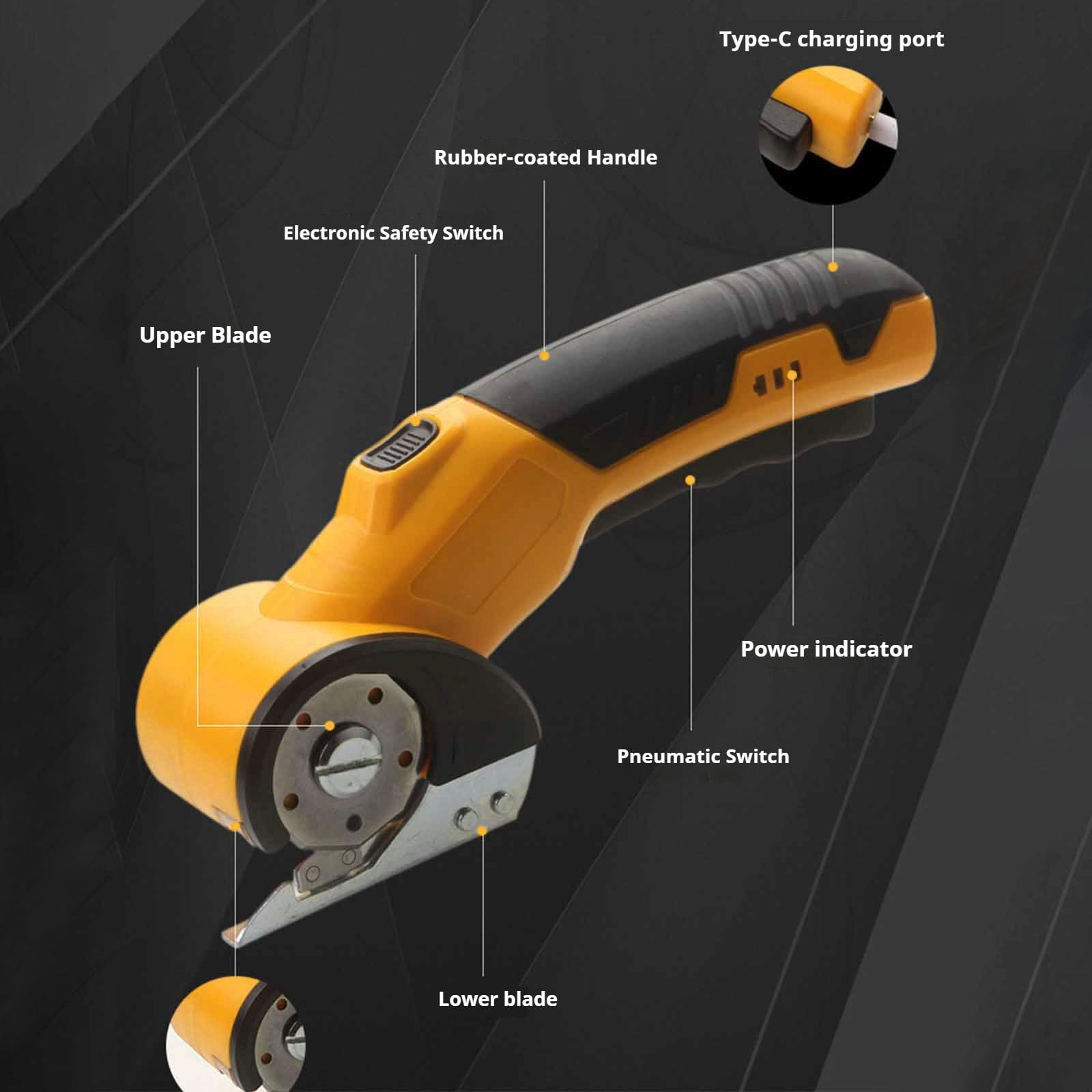 Hoosue Cordless Universal Cutter, Electric Scissors with replaceable round for cardboard, Cardboard Cutte, Cuts Leather, PVC, Carpets, Cardboard & More (Yellow)