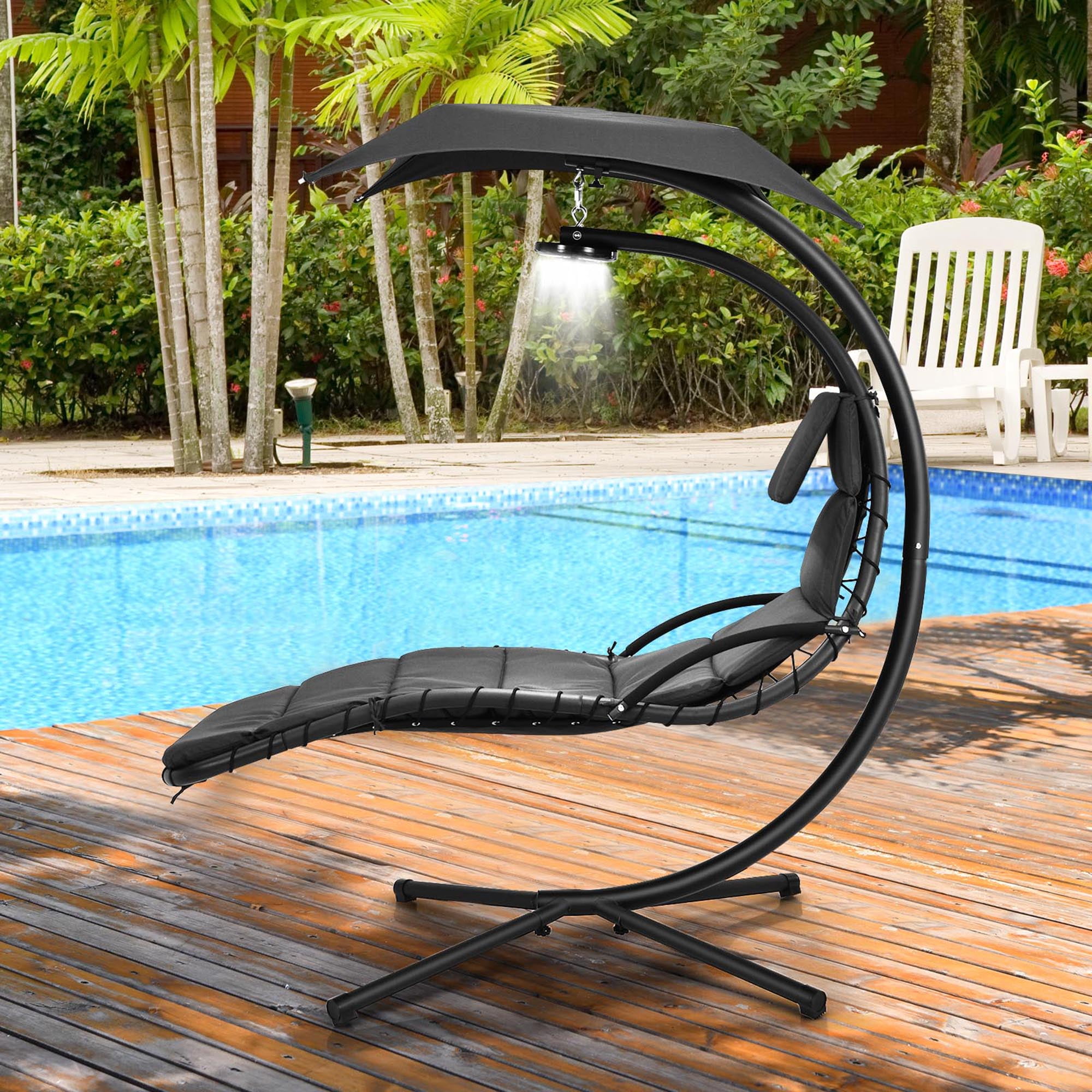 Gymax Grey Hanging Chaise Lounge Curved Steel Patio Hammock Swing Chair