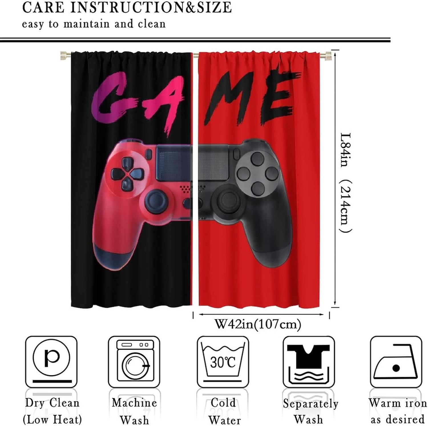 Video Game Curtains, Gamepad Red Blackout Window Drape Boys Bedroom Drapes Art Printed Living Room Decor 42'''' W x 84'''' L x2【Blackout】 Game-4