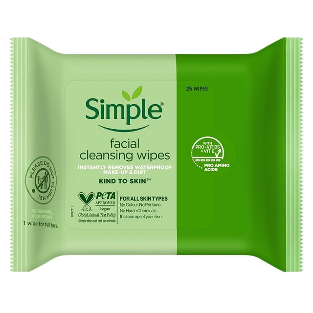 Toallitas faciales limpiadoras simples para la piel, 25 unidades (paquete de 6)