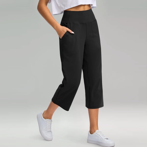 TQWQT Womens Capris for Summer High Waist Workout Yoga Pants with Pockets Tummy Control Leggings Straight Leg Cropped Pants Black XL