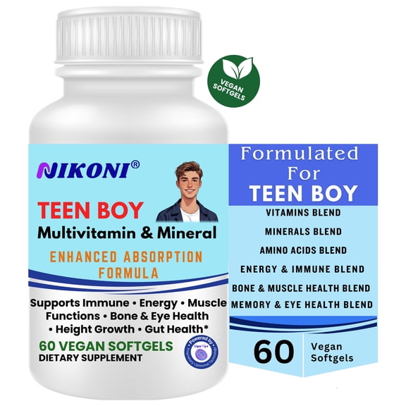 Nikoni Teen Boy Multivitamin and Mineral Vegan Softgels Enhanced Absorption Formula 60 Count