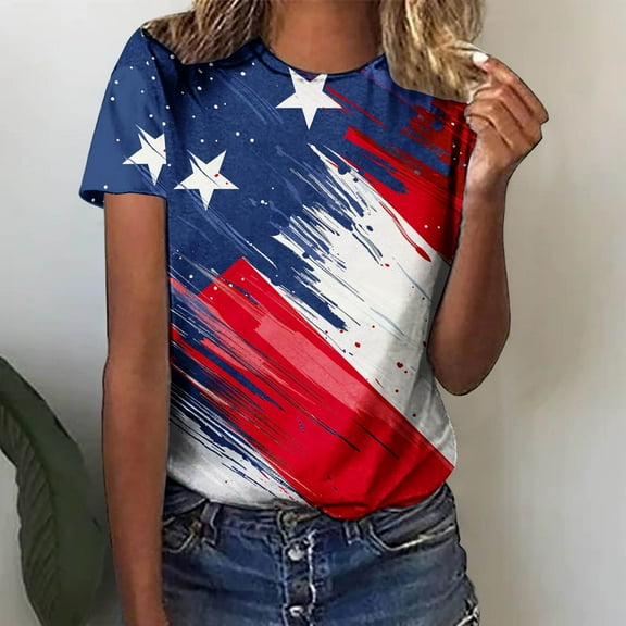 Qetyuw Independence Day Shirts for Women Plus Size Patriotic American Flag Print Tshirts Tunic Short Sleeve Tees Flowy Crewneck Blouses Tops Business Casual Tops for women