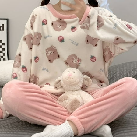 

Cute Teddy Bear Warm & Thermal Loungewear Long Sleeve Pullover Pajama Tops & Pants For Valentine‘s Gifts Women‘s Sleepwear & Loungewear