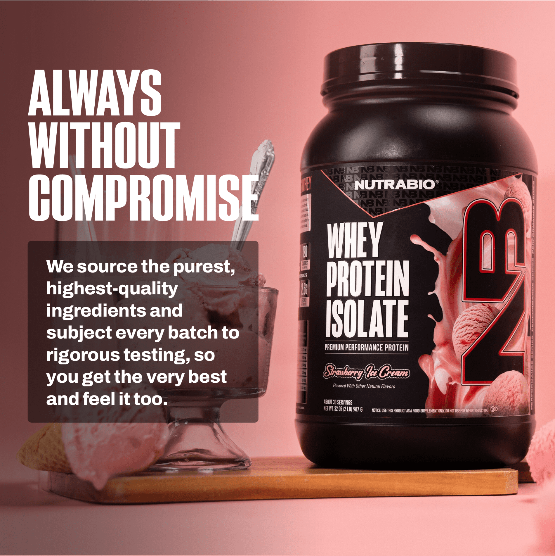 NutraBio 100% Whey Protein Isolate Protein Powder, 25g Protein with Complete Amino Acid Profile, Non-GMO, Soy & Gluten Free, Low Carb, Low Calorie Whey Protein Powder, Strawberry Ice Cream, 2 Lbs