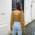 thumbnail image 2 of Defitshape Women's Long Sleeve Crop Top Knit Sweater Waffle Knit Sweater Lightweight Loose V Neck Twist Front Tie Knot Pullover Sweaters Khaki Large, 2 of 4