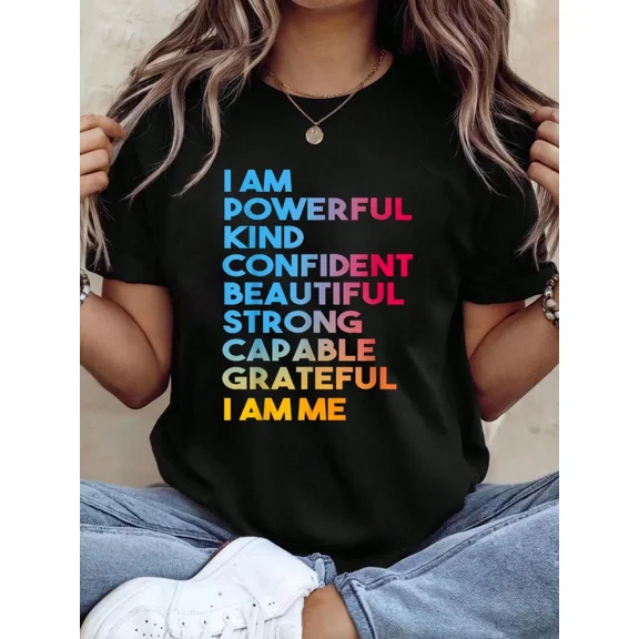 Women's Positive Affirmations Graphic T-Shirt - Inspirational Motivational Quotes Short Sleeve Tee - I Am Powerful Kind Confident Beautiful Strong Capable Grateful I Am Me