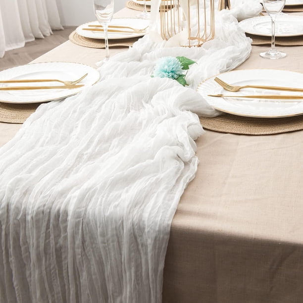 Nvzi Mantel de gasa plisada con bandera para mesa de queso, decoración para fiestas de bodas, mantel de fiesta (blanco, 300 x 90 cm)