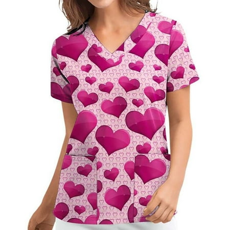 

Women Heart Print Scrub_Shirt Tops Breathable Patterned Short Sleeve V Neck Pocket Working Uniform Medical Workwear