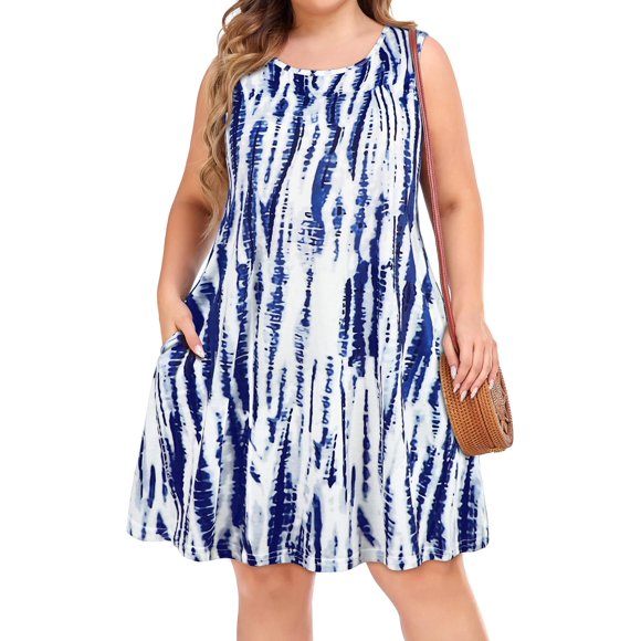 Robes d'Été pour Femmes Plage Décontractée T-Shirt Grande Taille Floral Manches Courtes Ample Robes Fluides Bleu Boho Teinture sur Nœuds TG