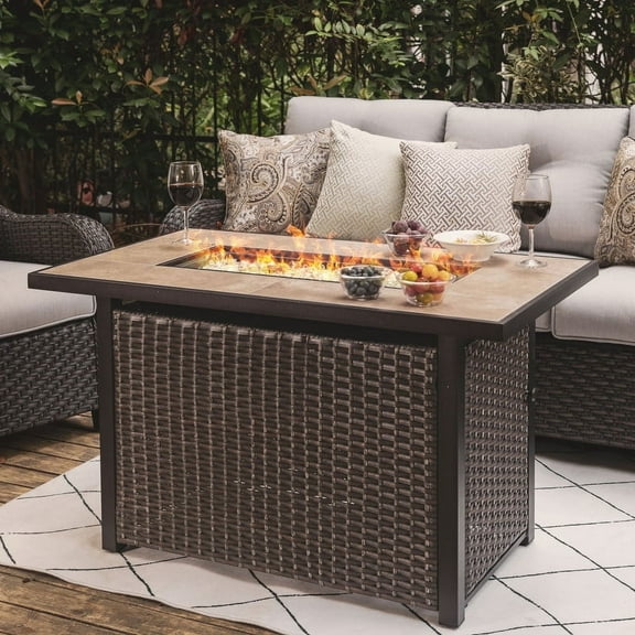 Nuu Garden Propane Fire Pit Table, 43 inch 50000BTU Ceramic Tabletop Outdoor Propane Gas Fire Pit Table with Lid,Cover and Glass Beads, Dark Brown&Coffee