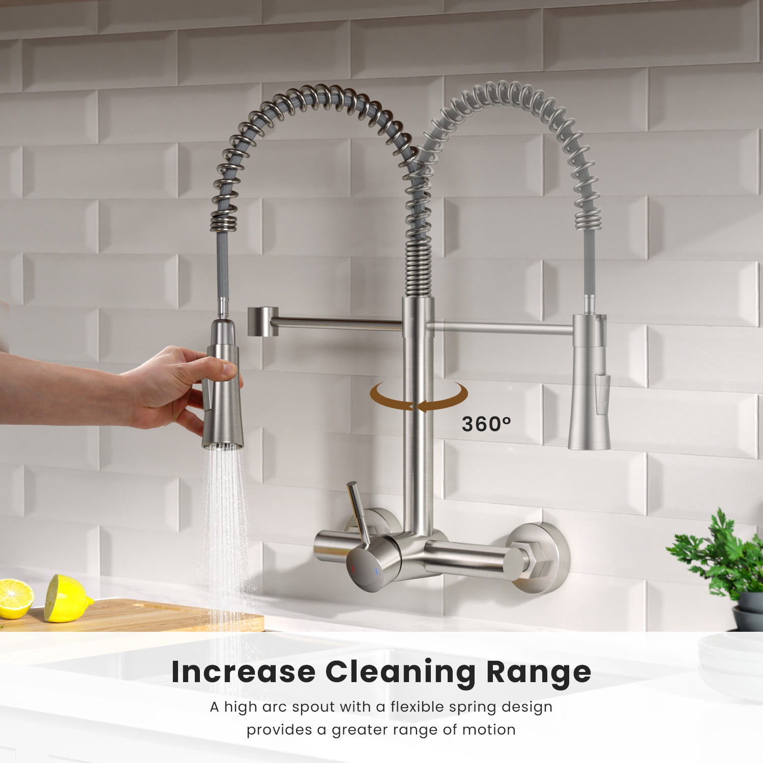 Wall Mount Kitchen Faucet Single Handles, 8 Inch Center Wall Commercial Utility Sink Faucet with Pull Out Sprayer 2 Modes, Stainless Steel, Brushed Nickel