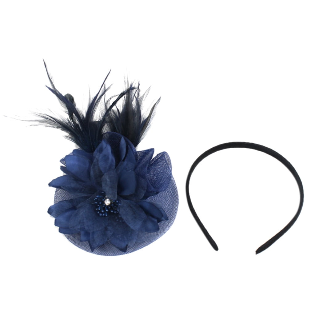 Beautiful Navy Blue  feather & flower design facinator wedding/ 