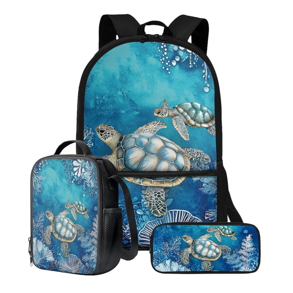 ZUXONGSY Turtle Coral Print Kids Backpack Set of 3, 17 in School Bookbag with Insulated Lunch Box Pencil Case Lightweight Student Bookbag for Girls and Boys