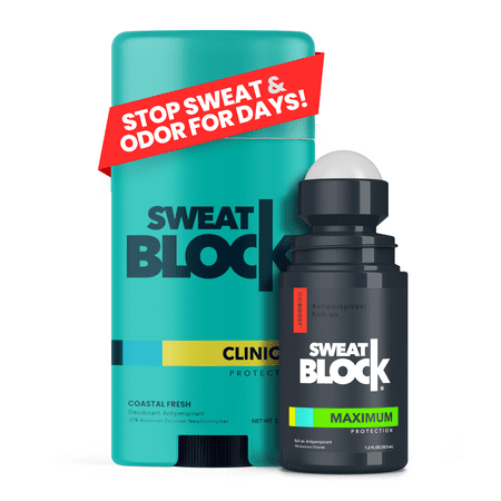 SweatBlock Antiperspirant Deodorant System - MAXIMUM CLINICAL STRENGTH for Men & Women - Hyperhidrosis Aid Up for to 7-Day Sweat Control - Roll-On 1.2 fl oz + 48-Hour Odor Protection Stick 2.7oz