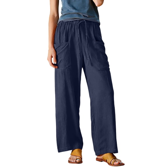 Women's Breathable Cotton Linen Beach Pants High Waist Wide Leg Loose Fit Summer Trousers Navy 2XL