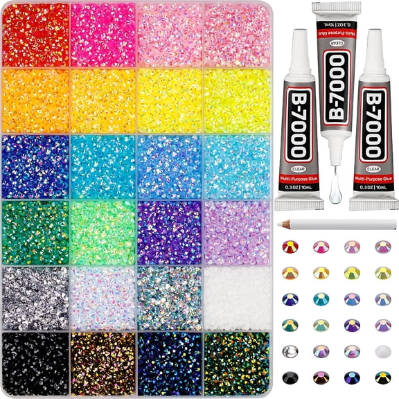 TUWAFE Resin Jelly Rhinestones Set for Bedazzling Multicolor Flatback Gems for Diamond Art Bedazzler Kit with 3 Pcs Jewelry Glue,1 Pcs Tweezers,1 Pcs Pickup Pen for Nail Art Crafting Book (30000Pcs)