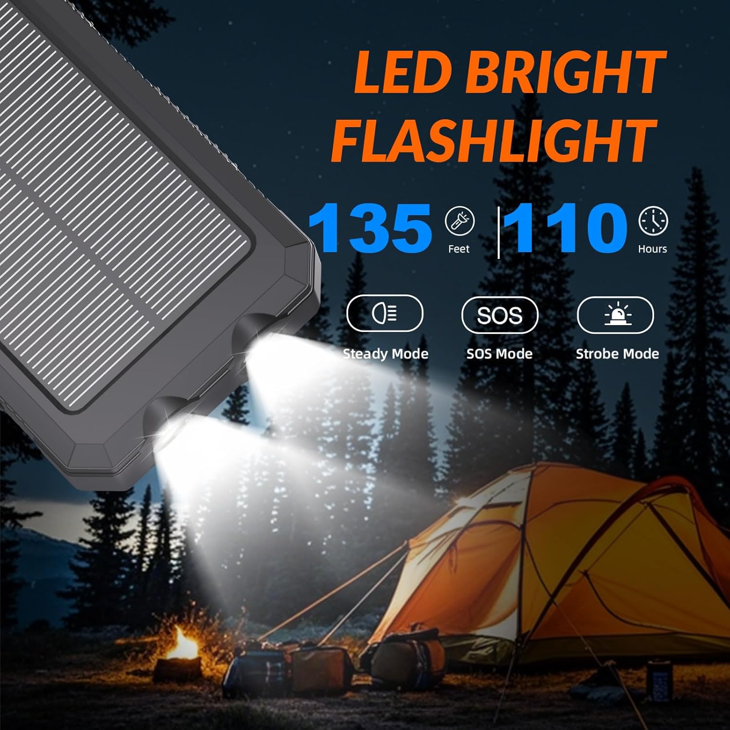 Solar Charger 20,000mAh, Portable Power Bank, 4 Cables Outdoor Waterproof External Backup Phone Charger with USB-C for Cell Phones, Solar Battery Pack with Dual Flashlight for Camping