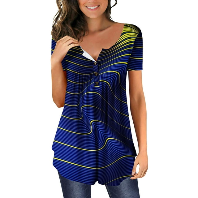 SMihono Hauts pour Femmes Été Chic Décontracté Manches Courtes Ouvert Bouton Col Rond Coupe Ample Tunique Plissée Chemise Blouse Hauts T-shirt Oversize pour Femmes 2023