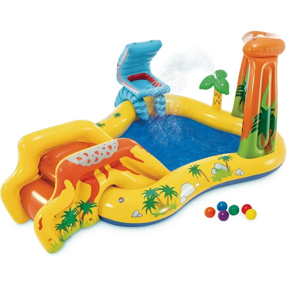 Inflatable Dinosaur Play Center Outdoor Playhouse Inflatable Water Park with Kid Pool Slide, Water Sprayer, Waterfall, and 6 Balls, Multicolor